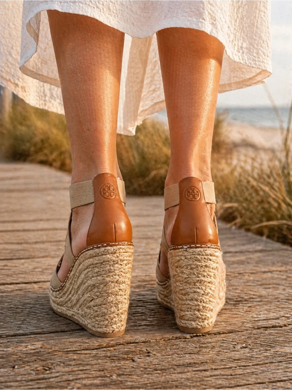 Tory Burch Adonis Wedge Espadrille Sandal 11 Gold Khaki Platform Logo EUC $398